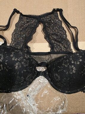 Victoria's Secret Black Lace Racerback Underwire Bra with Sheer Detailing